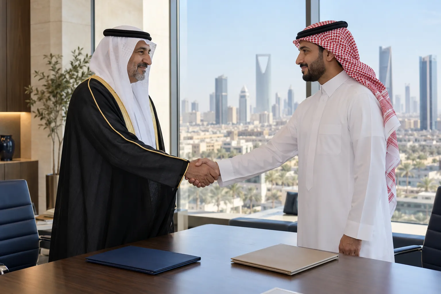 محامٍ ببشت أسود يصافح موكلًا بشماغ أحمر في مكتب يطل على الرياض