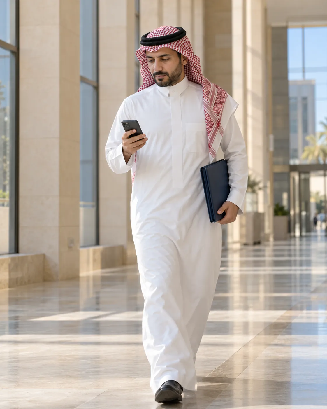 محامٍ بثوب وشماغ أحمر يمشي في ممر وينظر إلى جواله