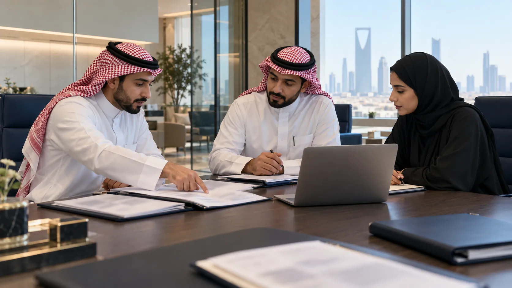 محاميان بالشماغ ومحامية بالحجاب يراجعون ملفًا حول طاولة، وخلفهم أبراج الرياض
