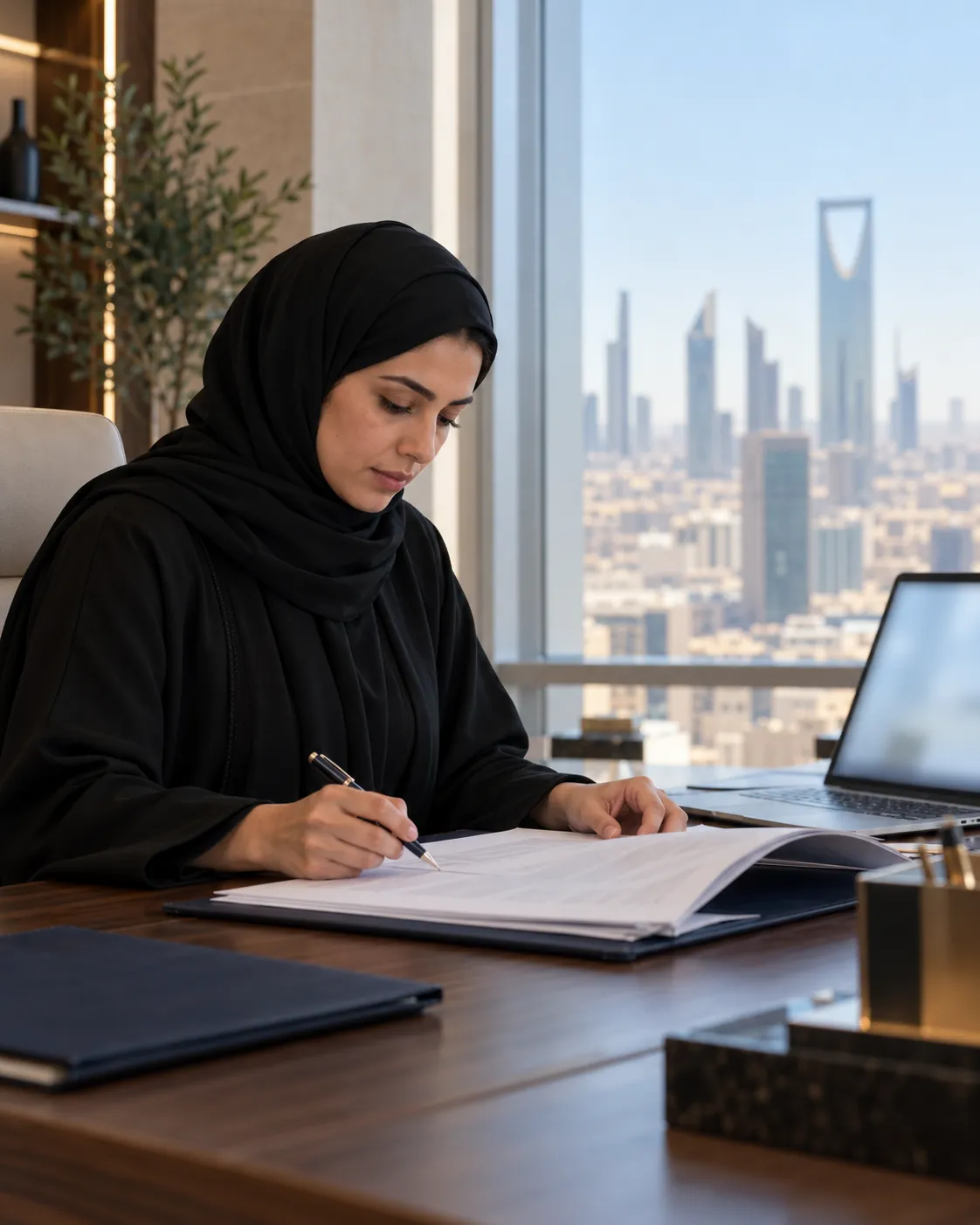 محامية بالحجاب تكتب ملاحظاتها على مكتبها