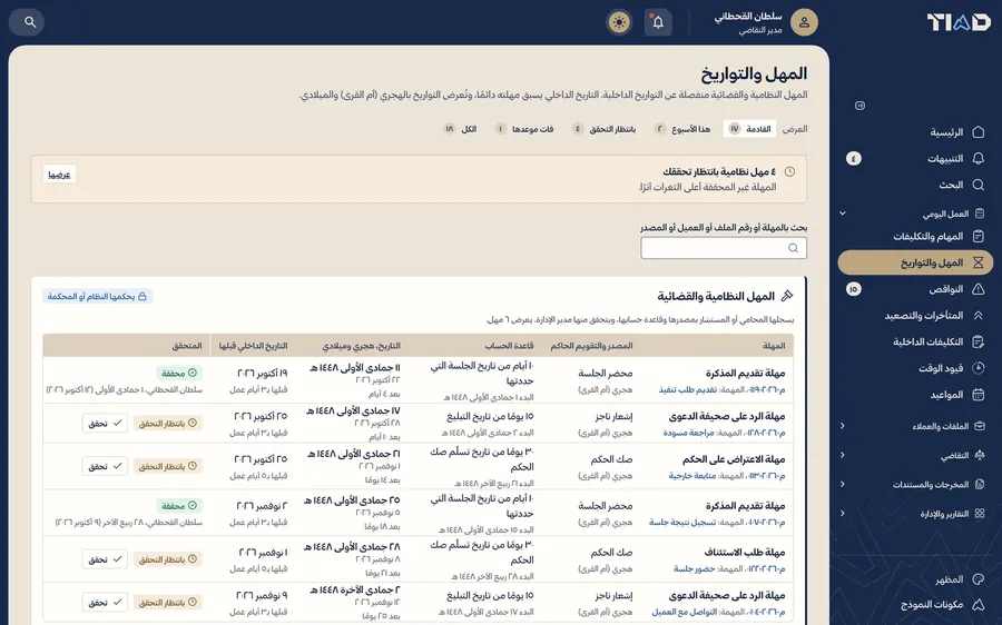 جدول المهل النظامية للإدارة