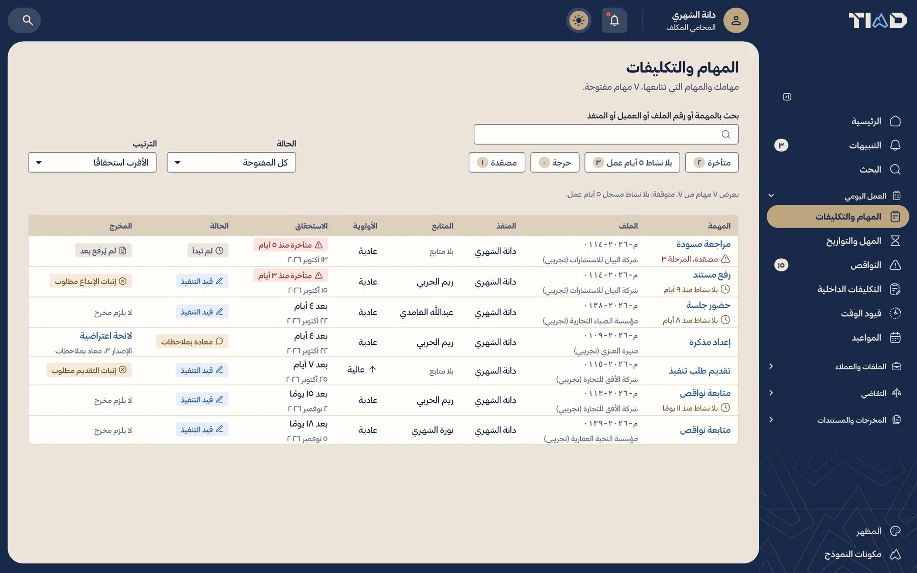 جدول المهام بالمكلَّف والموعد والحالة